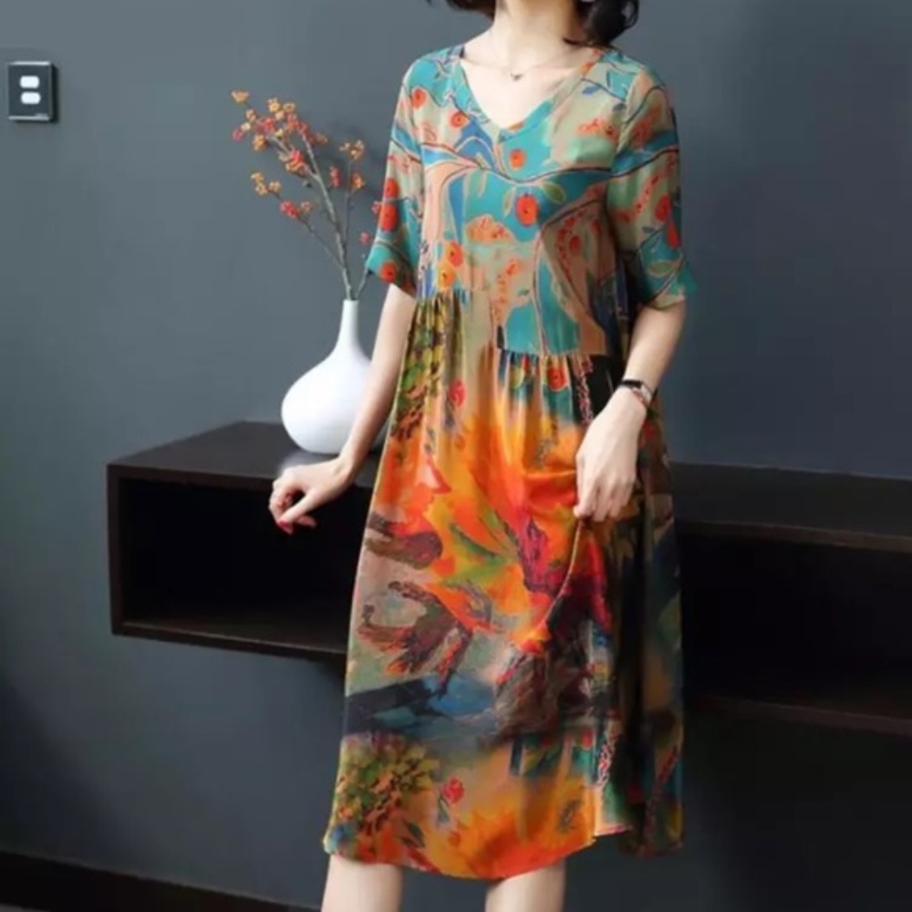 Multi color Asymmetrical printed midi dress